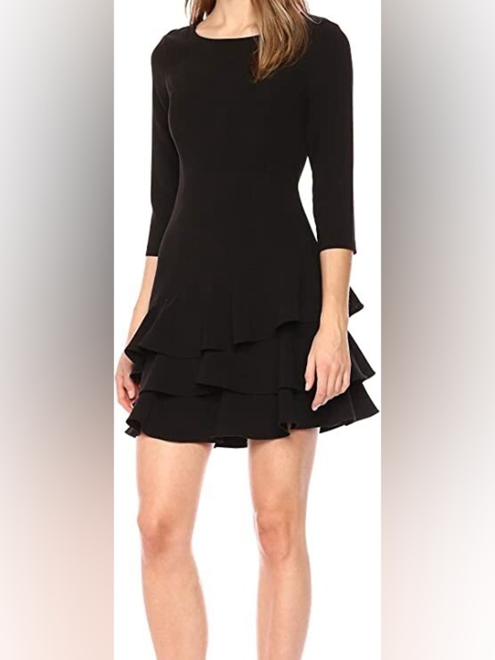 Halston Heritage Women's 3/4 Sleeve Ruffled Dress, Black, Size 4